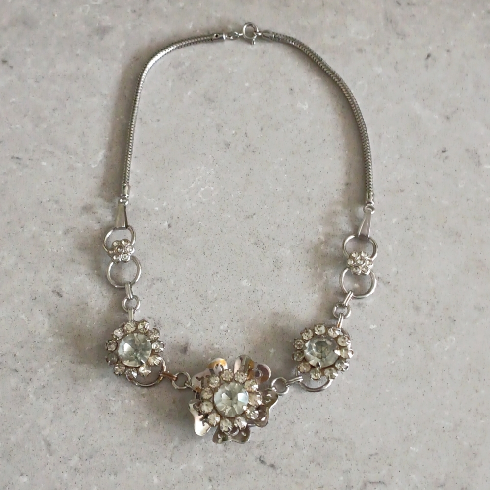 ^ Vintage silver and crystal Floral Necklace
